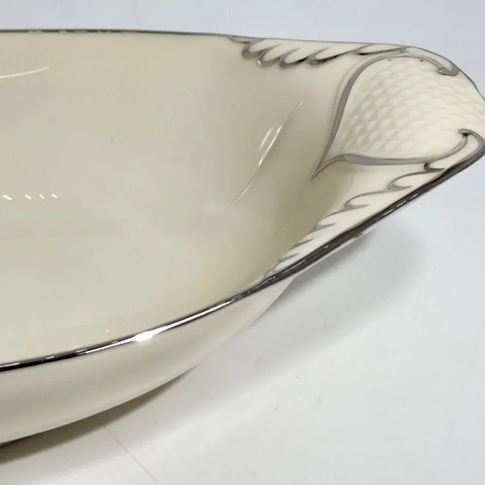 Lenox Vintage Ceramic Oval Serving Dish With Silver Trim and Textured Handles